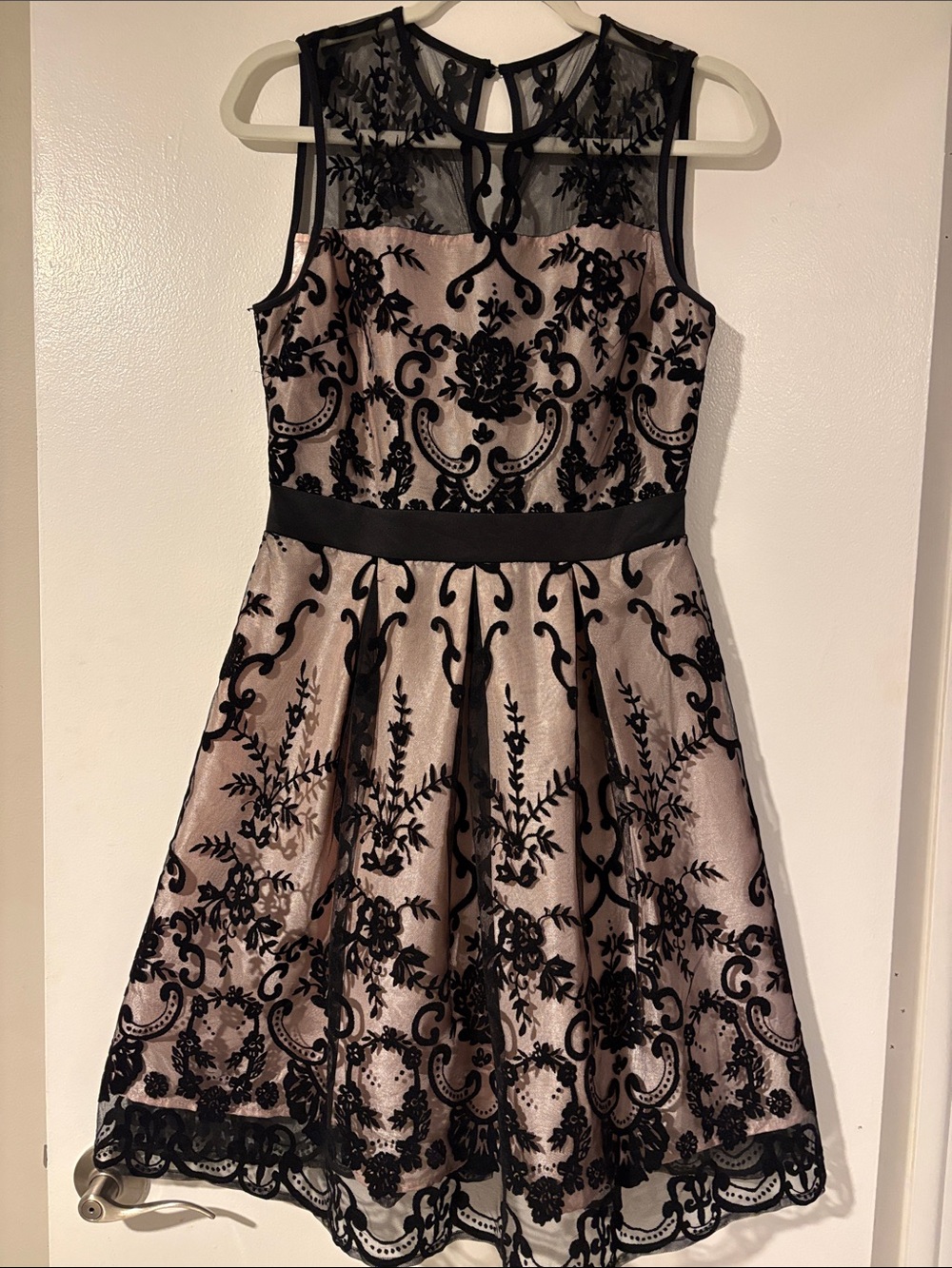 Gabby Skye Black Lace-Overlay Blush Formal Dress
